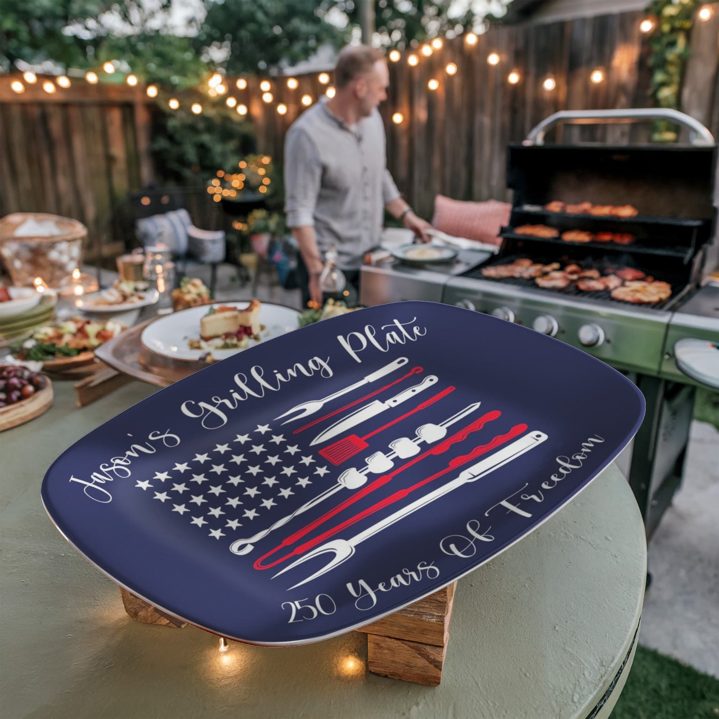 Personalized Patriotic BBQ Serving Tray, Father's Day Gift, Custom Grilling Plate, Outdoor Party Dish, American Flag Design