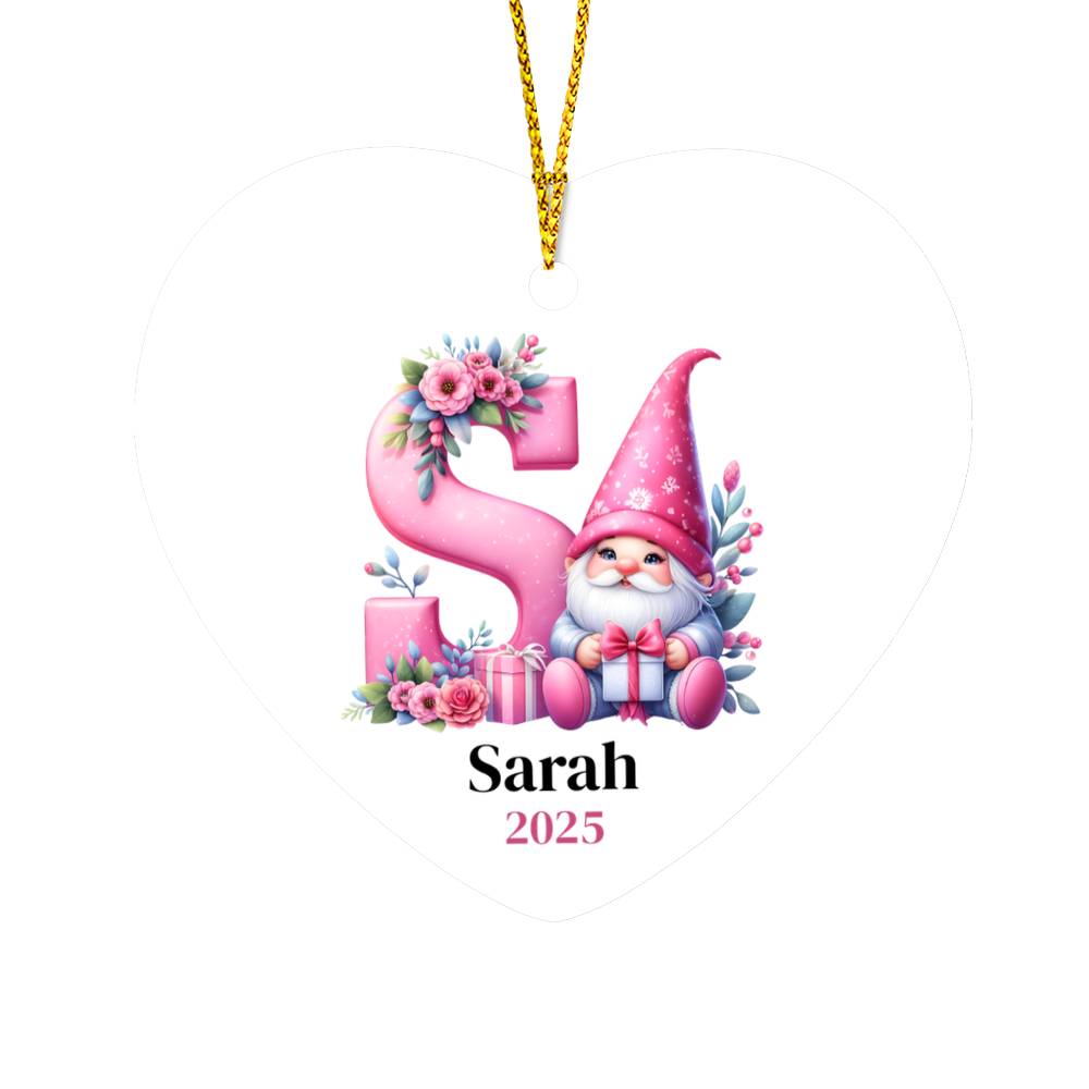 Personalized Heart Ornament, Pink Gnome Christmas Gift, Custom Holiday Decoration, Galentine's Heart Gift for Friend, Monogram, Initial