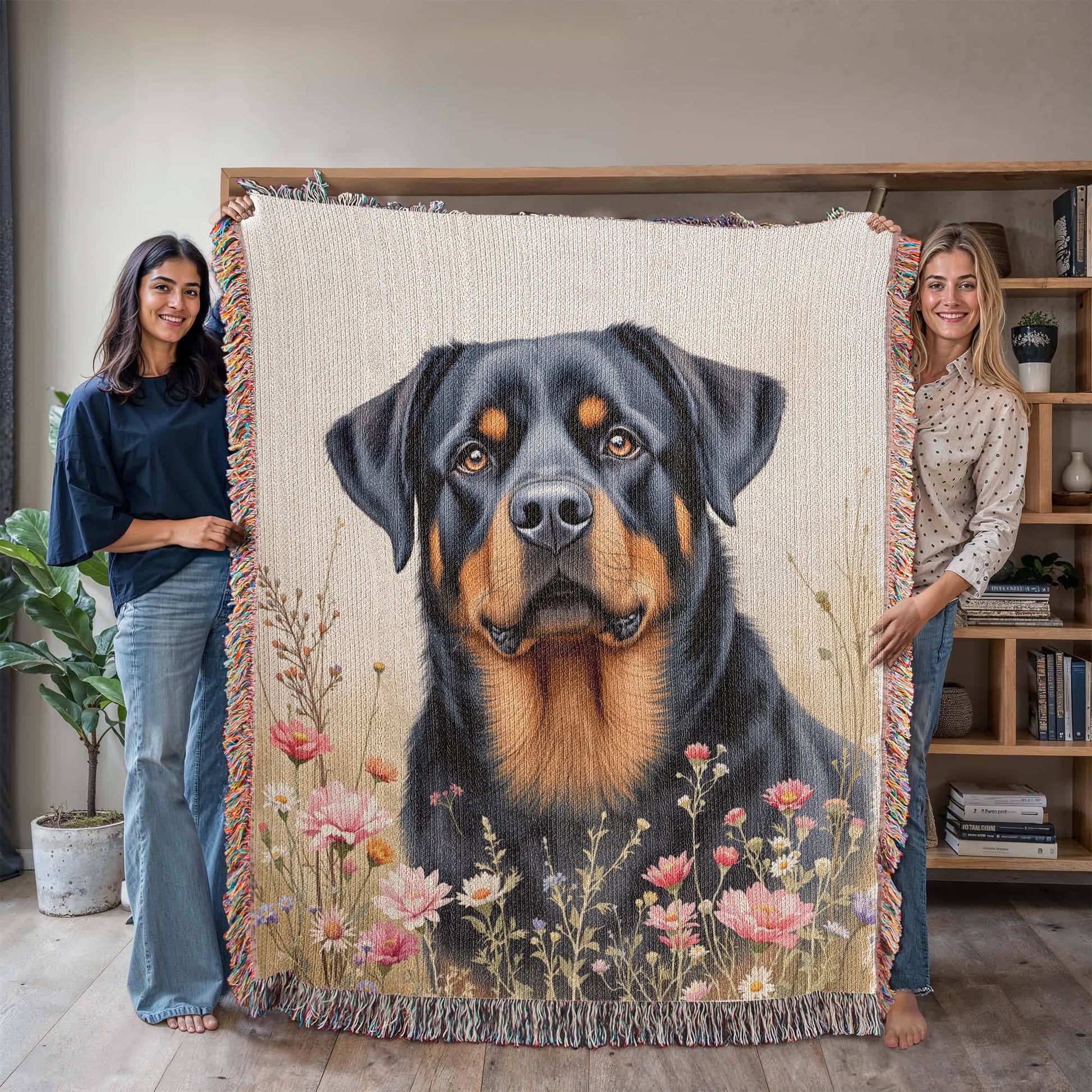 Rottweiler Wildflower Woven Cotton Throw Blanket-[Heartfelt Family Gift]