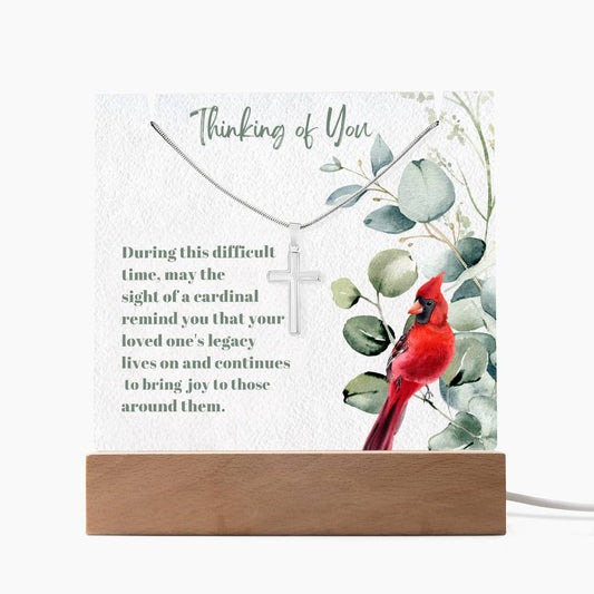 Cardinal Remembrance  Cross Necklace and Acrylic Memorial Plaque-[Heartfelt Family Gift]