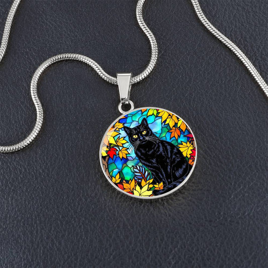 Fall Black Cat Pendant Necklace, Stained Glass Style, Autumn Leaves Jewelry, Cat Lover Gift, Halloween Statement Necklace, Unique Cat Pendant, Artistic Accessory