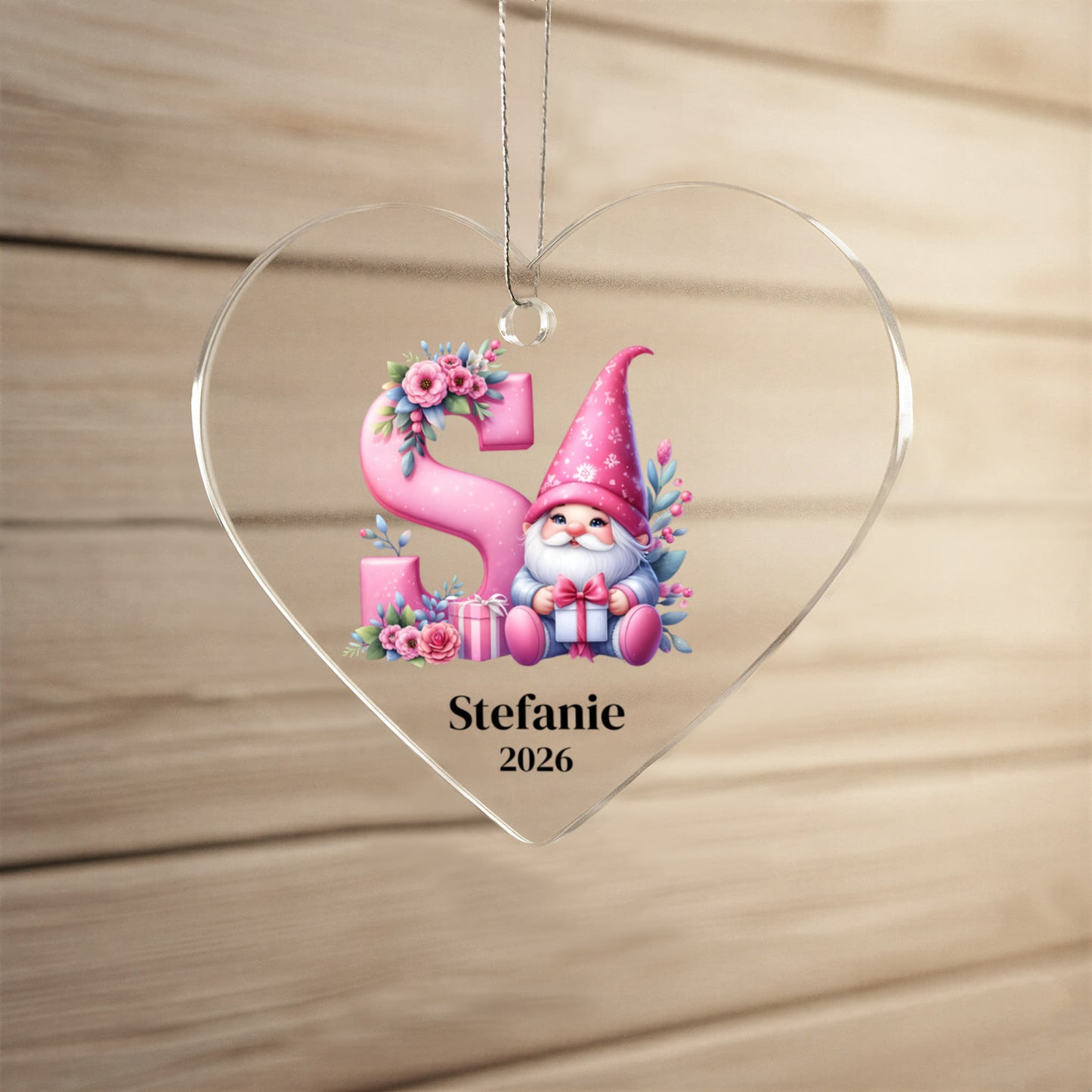 Personalized Heart Ornament, Pink Gnome Christmas Gift, Custom Holiday Decoration, Galentine's Heart Gift for Friend, Monogram, Initial