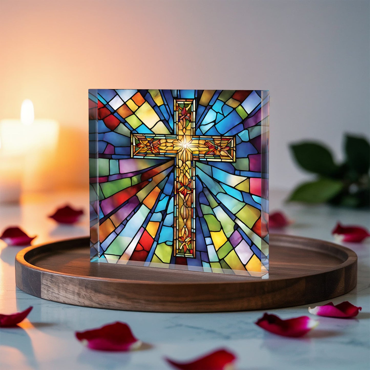 Cross Stained Glass Style Acrylic Block