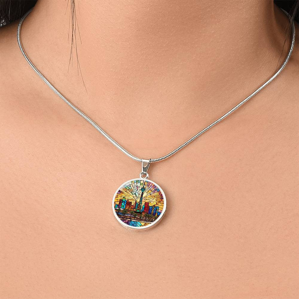 Las Vegas Skylight Stained Glass Look Round Pendant Necklace in Gold or silver-[Heartfelt Family Gift]