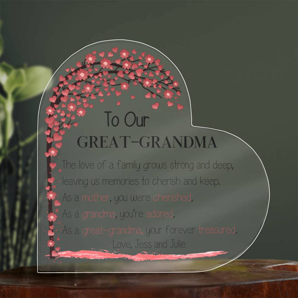 Mother's Day Gift for Great-grandma, Grammy Gift, Heart Acrylic Plaque