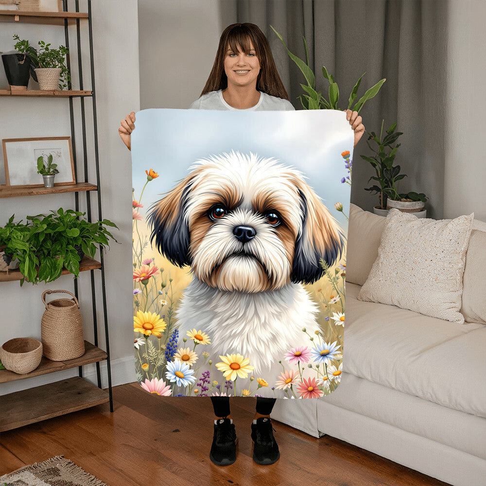 Shih Tzu Dog Wildflower Floral Dog Woven Blanket-[Heartfelt Family Gift]