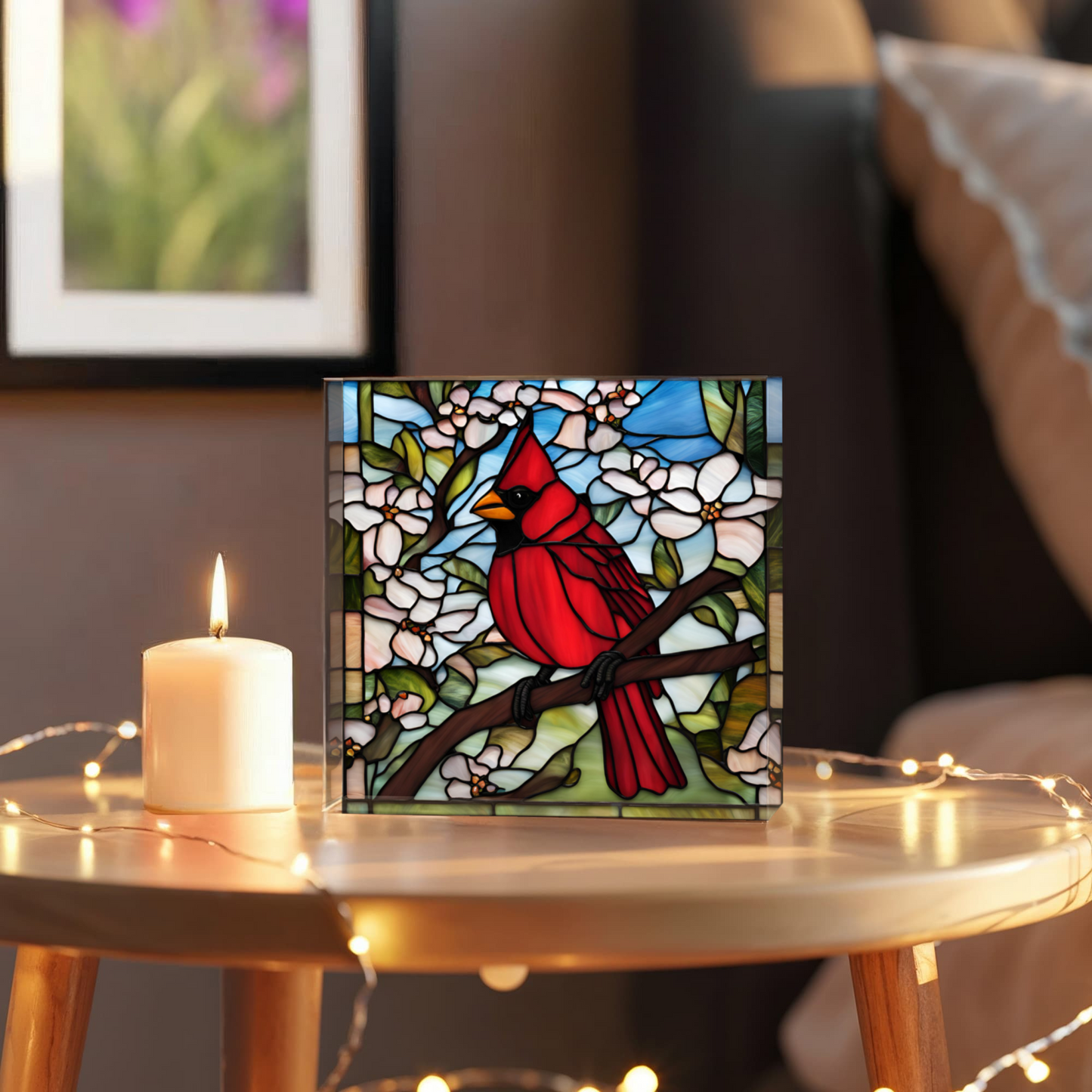 Cardinal Bird Decor, Nature Inspired Plaque, Acrylic Art Panel, Floral Stained Glass Style, Home Office Gift, Decorative Nature Art