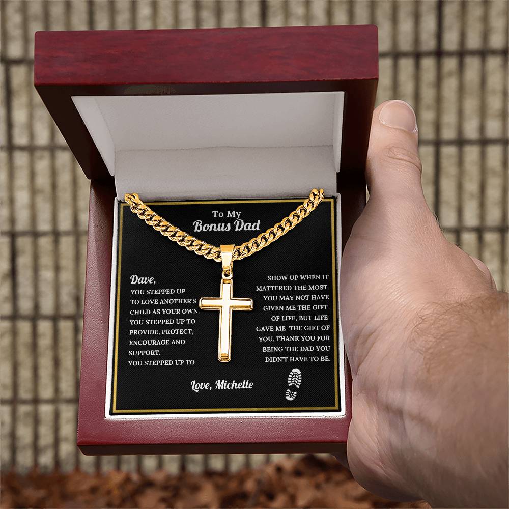 Personalized Bonus Dad Engraved Cross Necklace