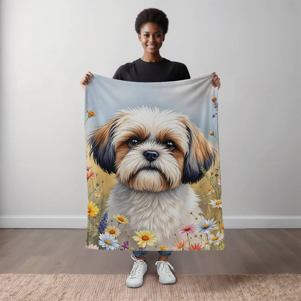 Shih Tzu Dog Wildflower Floral Dog Woven Blanket-[Heartfelt Family Gift]