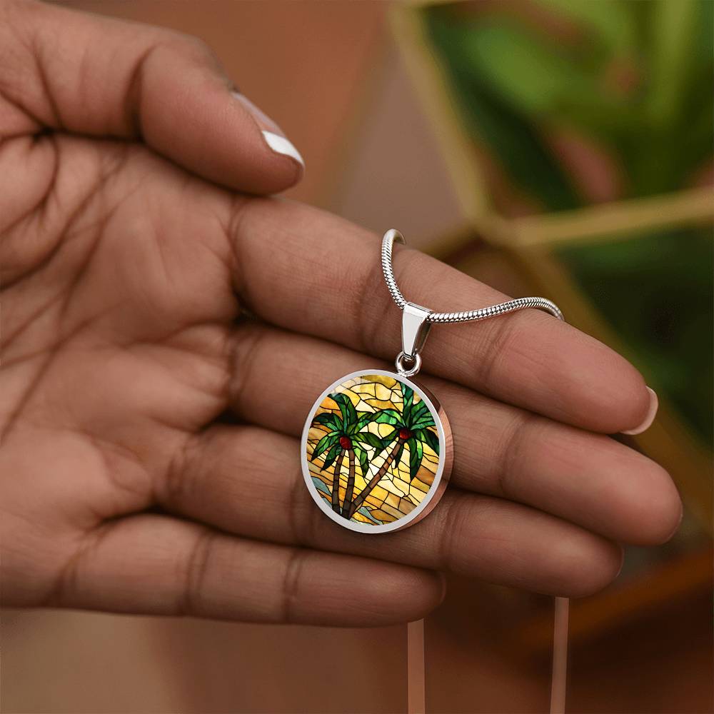 Palm Tree Stained Glass Style Pendant Necklace