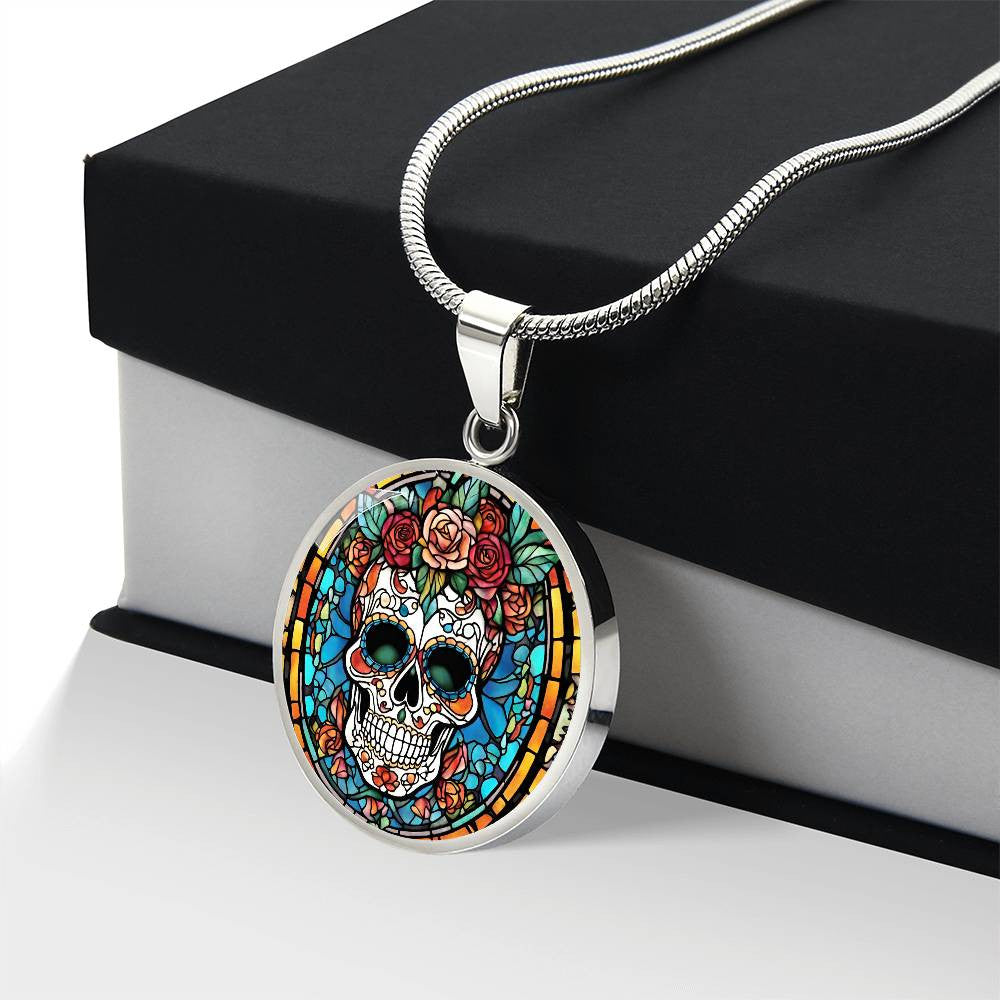 Mexican Sugar Skull Calavera  Round Pendant Necklace in Gold or silver-[Heartfelt Family Gift]