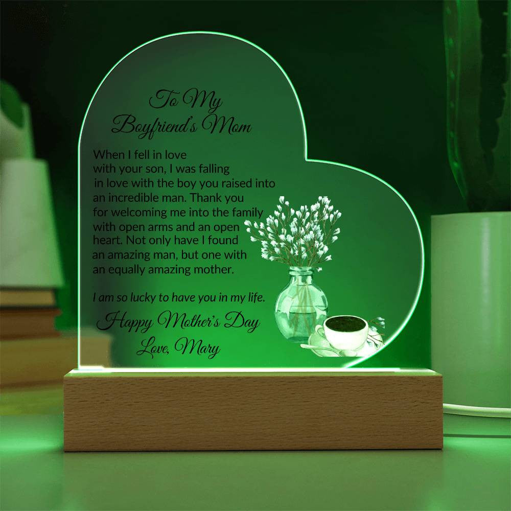 Boyfriends Mom Acrylic Heart Plaque with 2 Lines Personalized Text-[Heartfelt Family Gift]