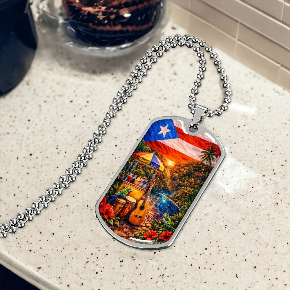 Engraved Puerto Rico Flag Latin American Culture Dog Tag Necklace or Keychain