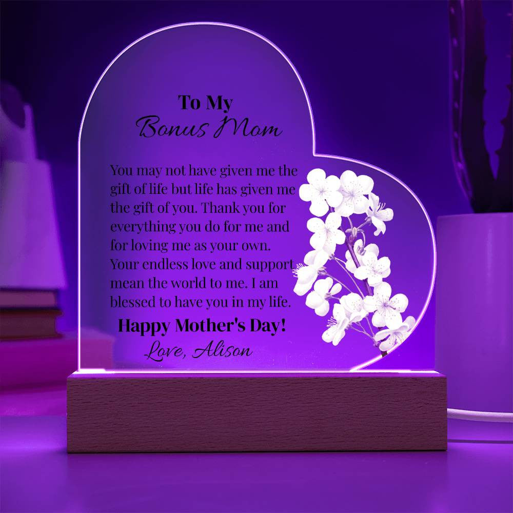 To My Bonus Mom Acrylic Heart Plaque Gift