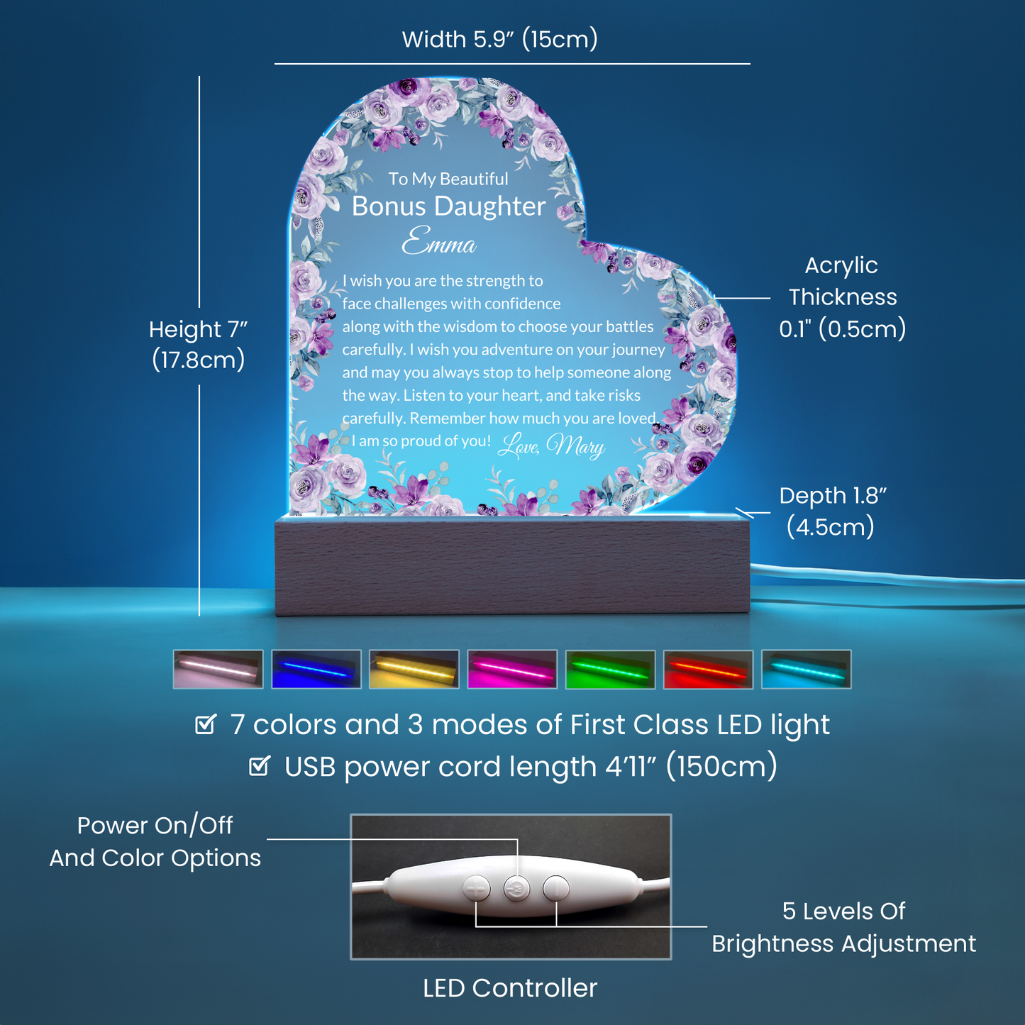 Bonus Daughter Personalized LED  Heart Plaque