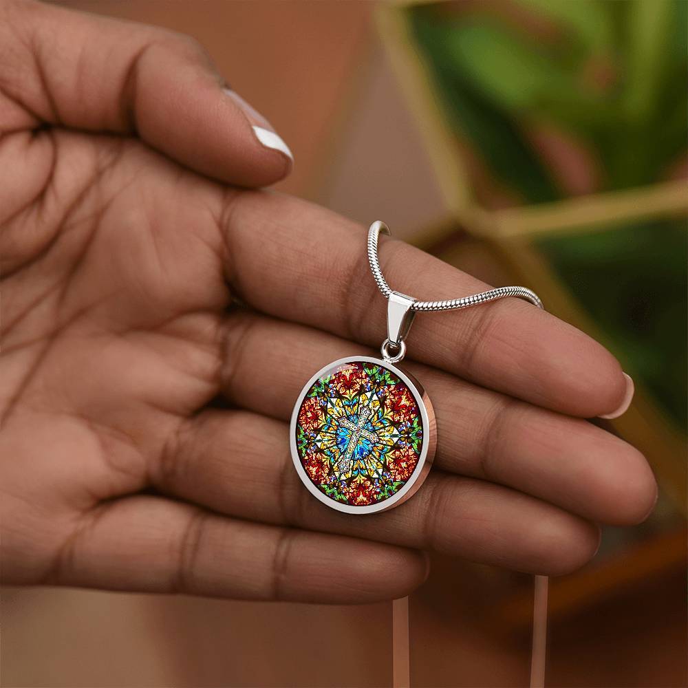 Cross Faux Stain Glass Pendant Necklace