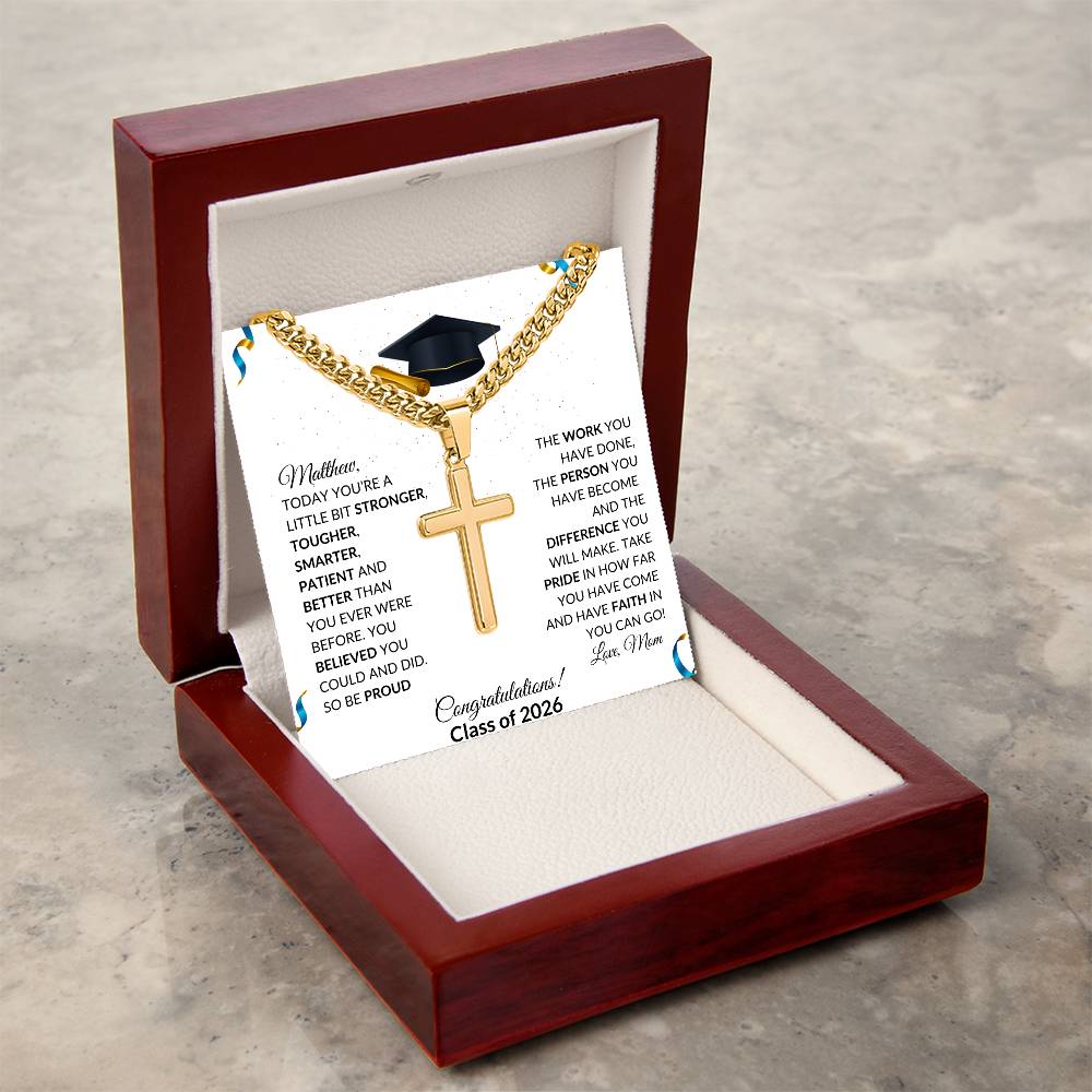 Graduation Cross Necklace Gift with Cuban Link Chain