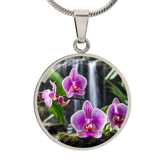 Orchid  Round Pendant Necklace in Gold or silver-[Heartfelt Family Gift]