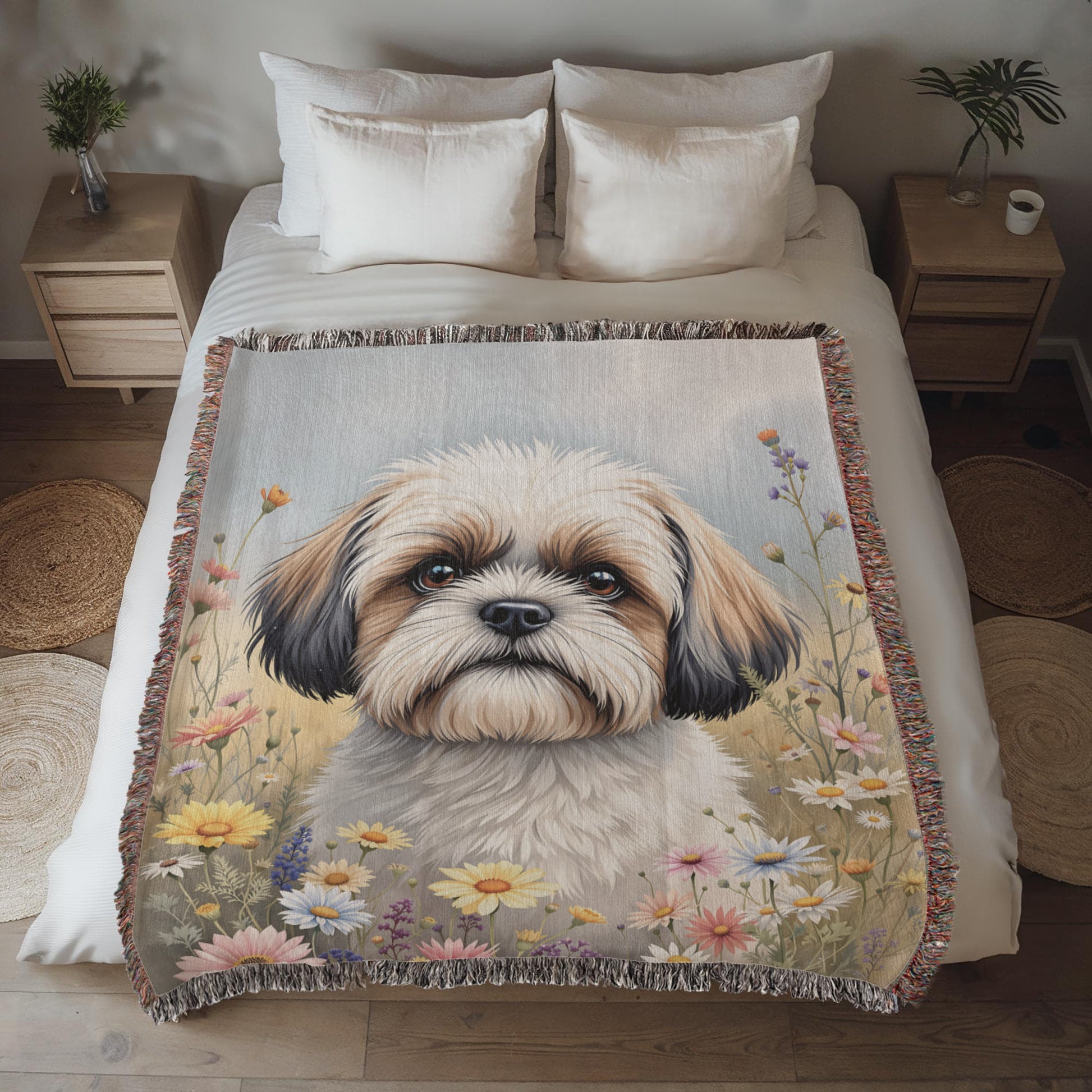 Shih Tzu Wildflower Woven Cotton Throw Blanket-[Heartfelt Family Gift]