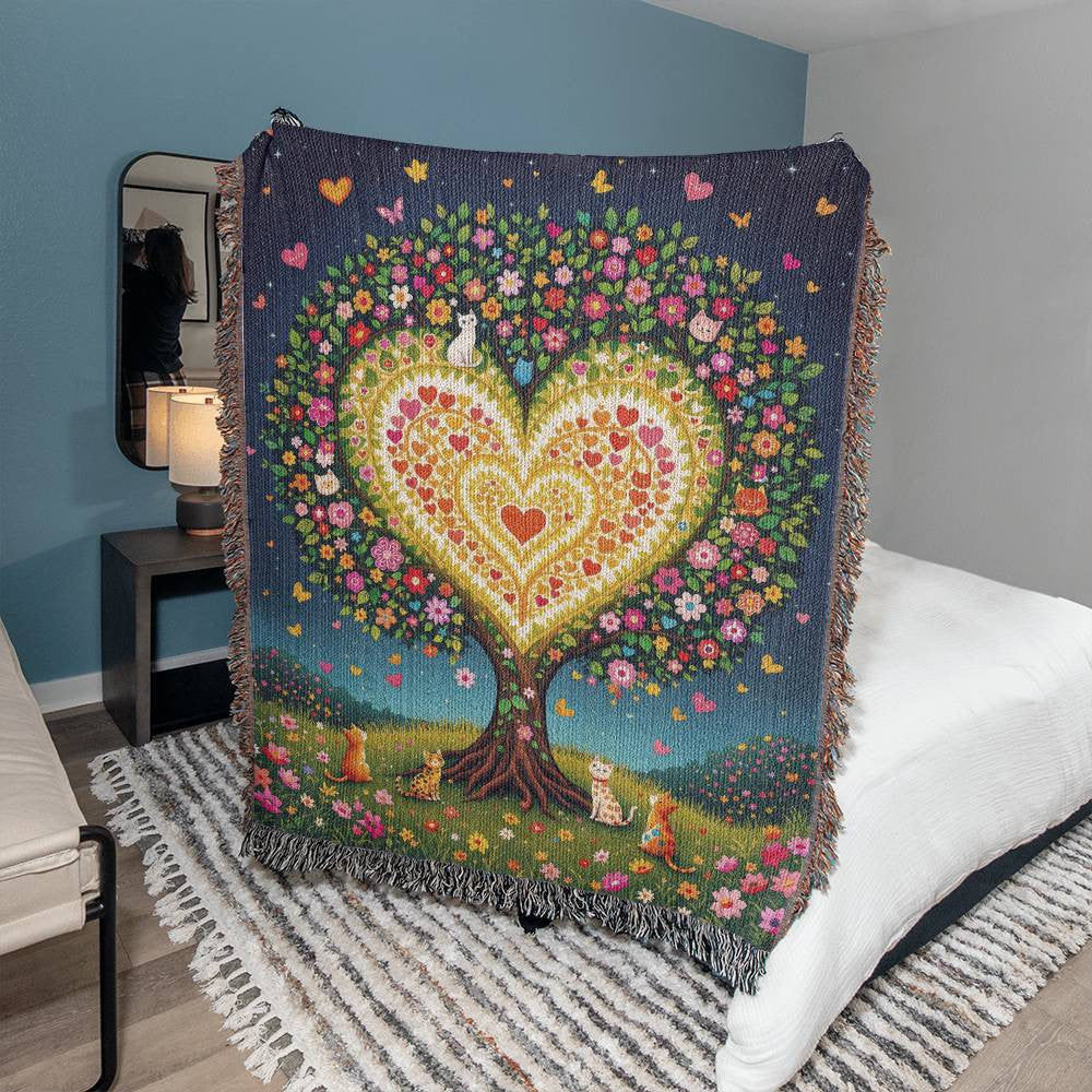 Cat Tree of Life Woven Cotton Throw Blanket-[Heartfelt Family Gift]