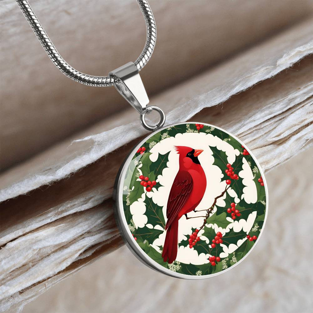 Cardinal and Hollyberry Necklace December Birthday Christmas Pendant-[Heartfelt Family Gift]