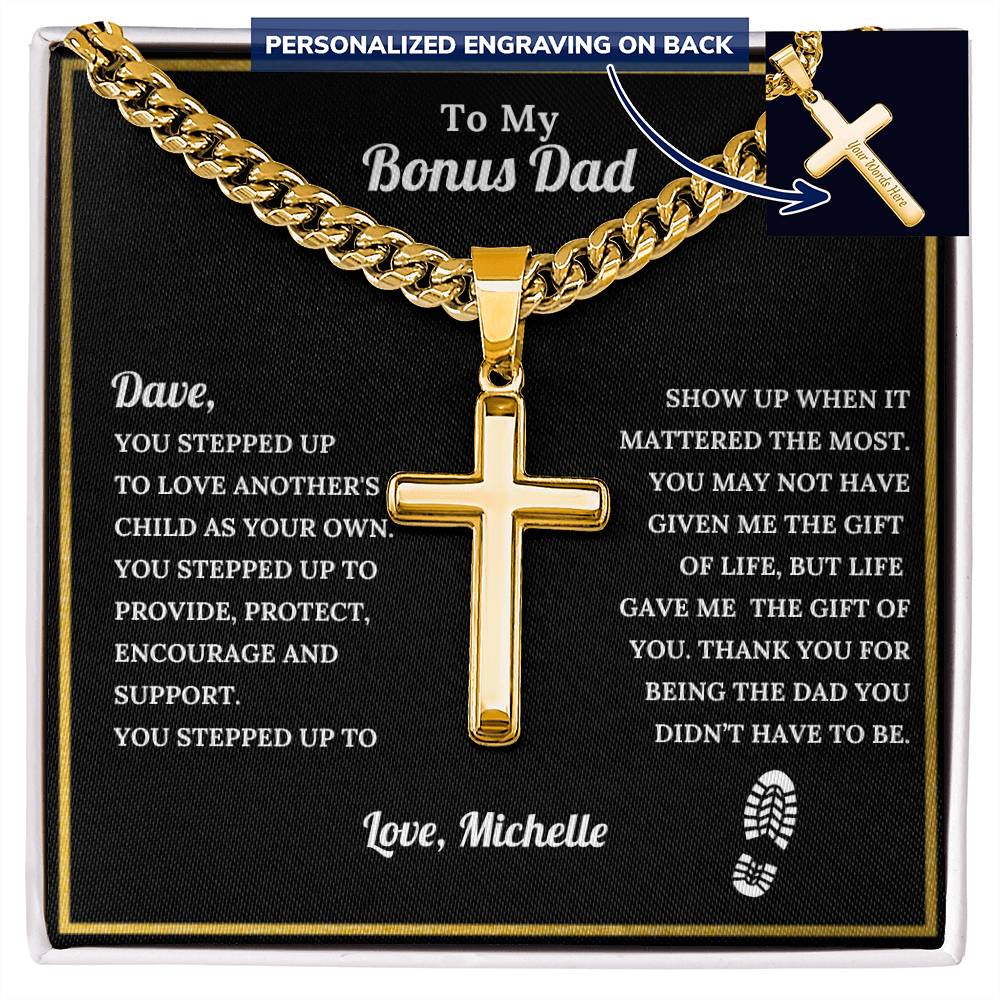 Personalized Bonus Dad Engraved Cross Necklace