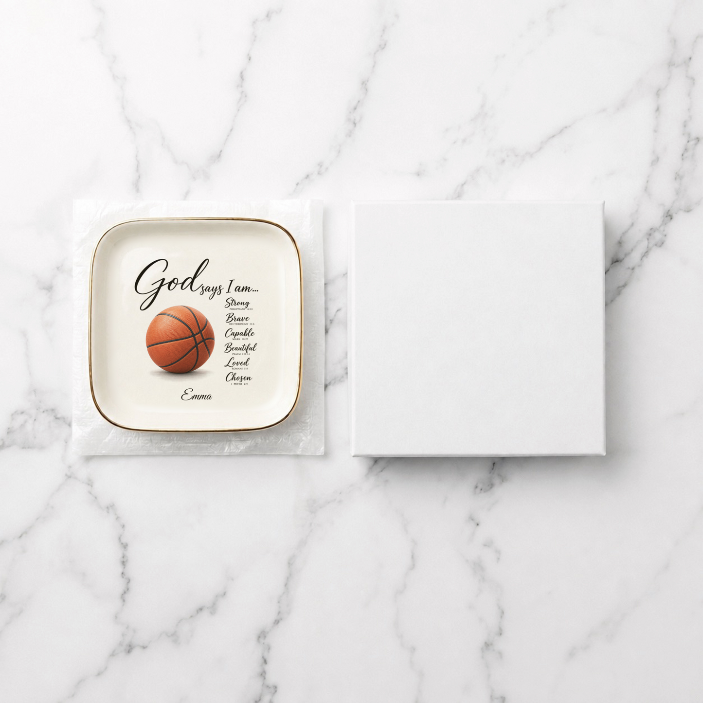 Personalized Christian Basketball Jewelry Dish, Faith Gift for Basketball Player, Encouragement Keepsake, God Says I Am Trinket Tray