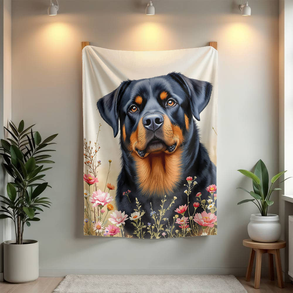 Rottweiler Dog Wildflower Floral Woven Blanket-[Heartfelt Family Gift]