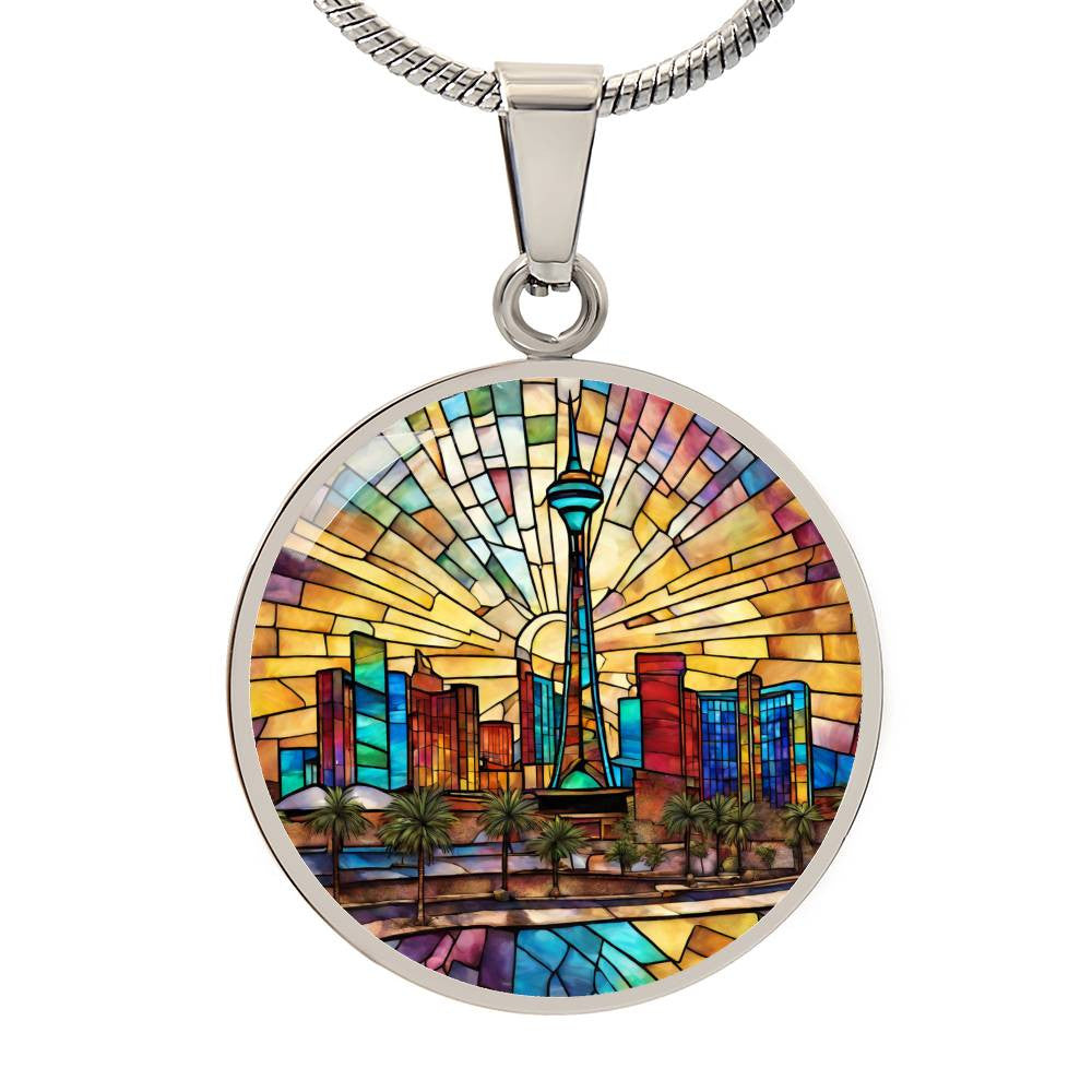 Las Vegas Skylight Stained Glass Look Round Pendant Necklace in Gold or silver-[Heartfelt Family Gift]