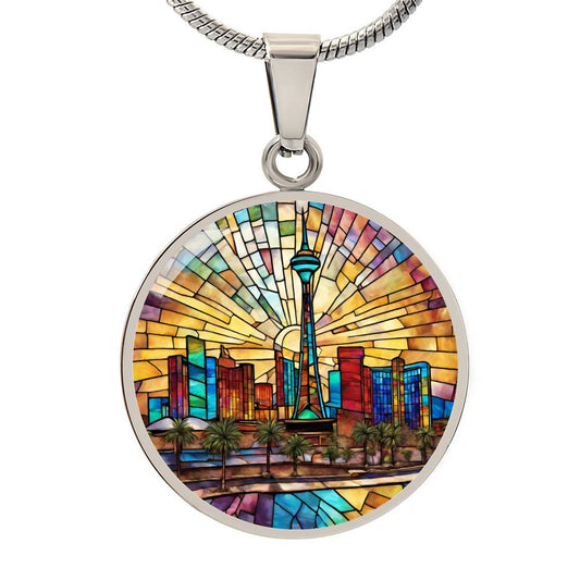 Las Vegas Skylight Stained Glass Look Round Pendant Necklace in Gold or silver-[Heartfelt Family Gift]