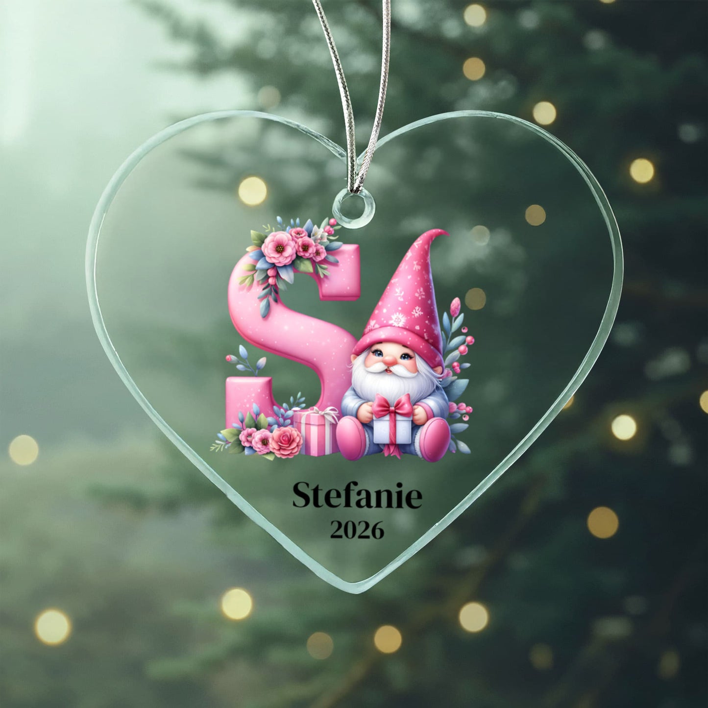 Personalized Heart Ornament, Pink Gnome Christmas Gift, Custom Holiday Decoration, Galentine's Heart Gift for Friend, Monogram, Initial