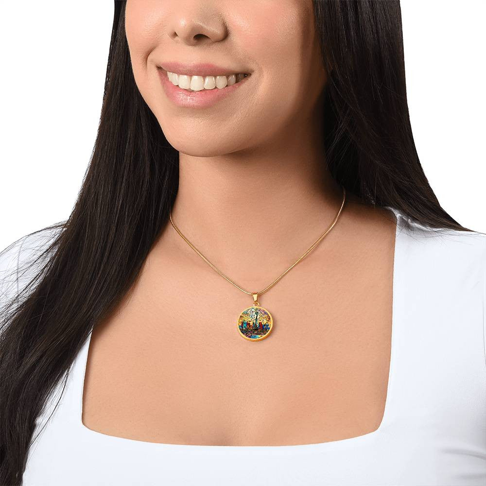 Las Vegas Skylight Stained Glass Look Round Pendant Necklace in Gold or silver-[Heartfelt Family Gift]