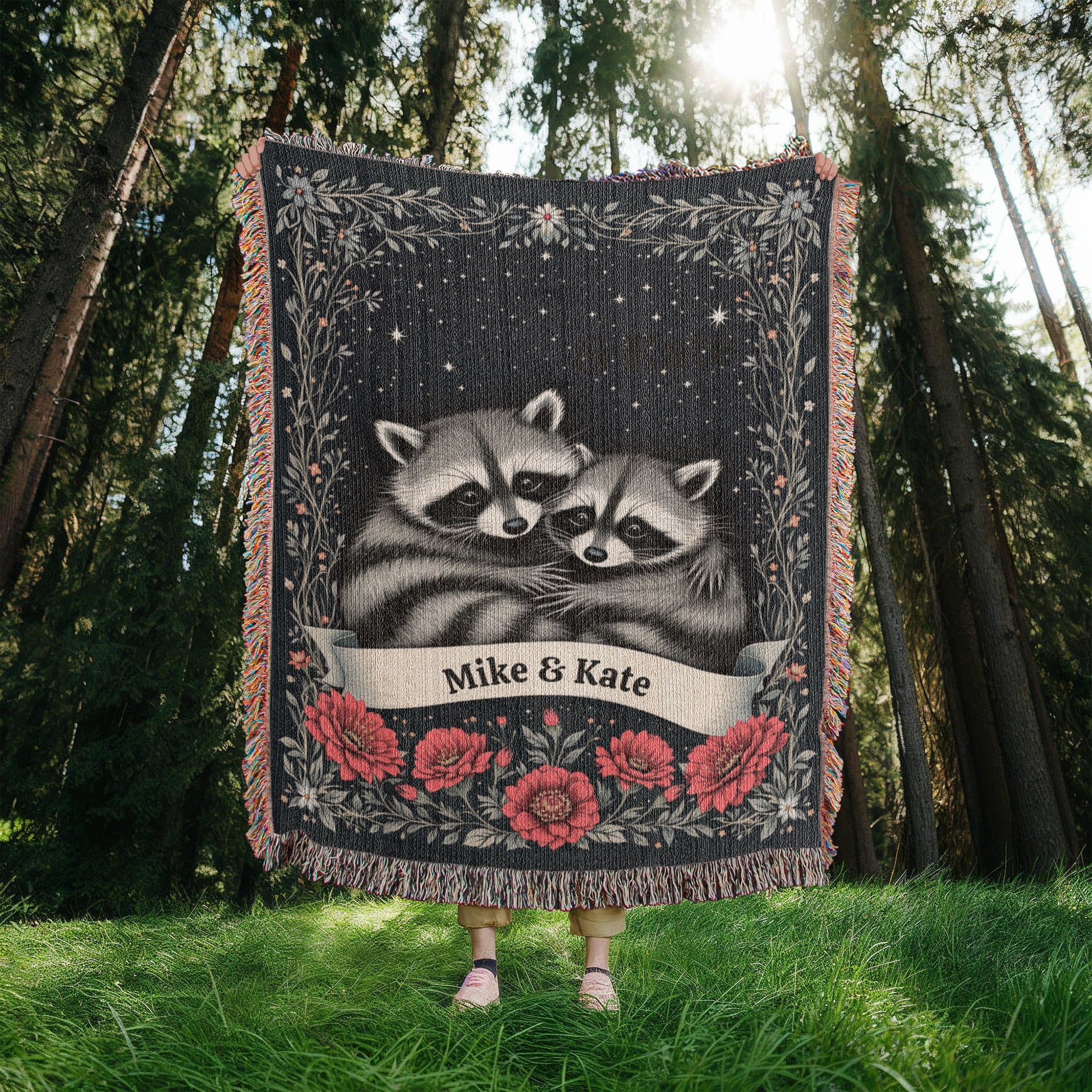 Personalized Raccoon Couple Woven Cotton Throw Blanket-[Heartfelt Family Gift]