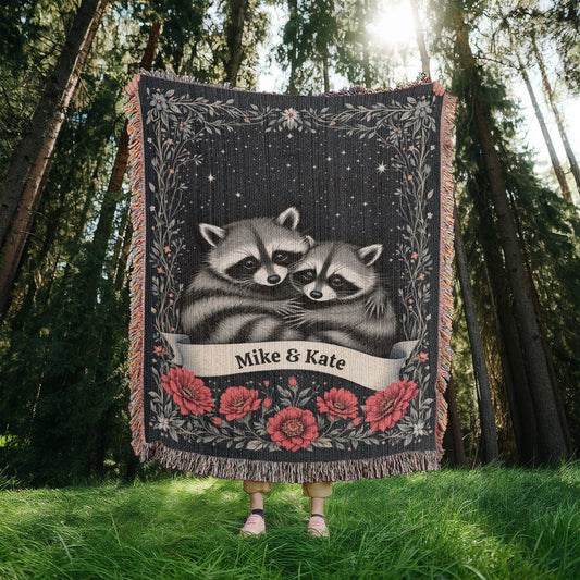 Personalized Raccoon Couple Woven Cotton Throw Blanket-[Heartfelt Family Gift]