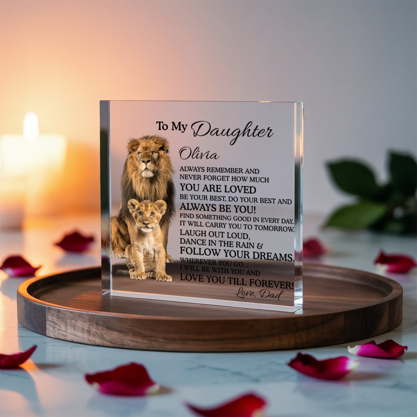 Personalized Daughter Gift, Lion and Cub Plaque, Custom Acrylic Block, Sentimental Desk Decor, Keepsake for Her, Birthday Gift