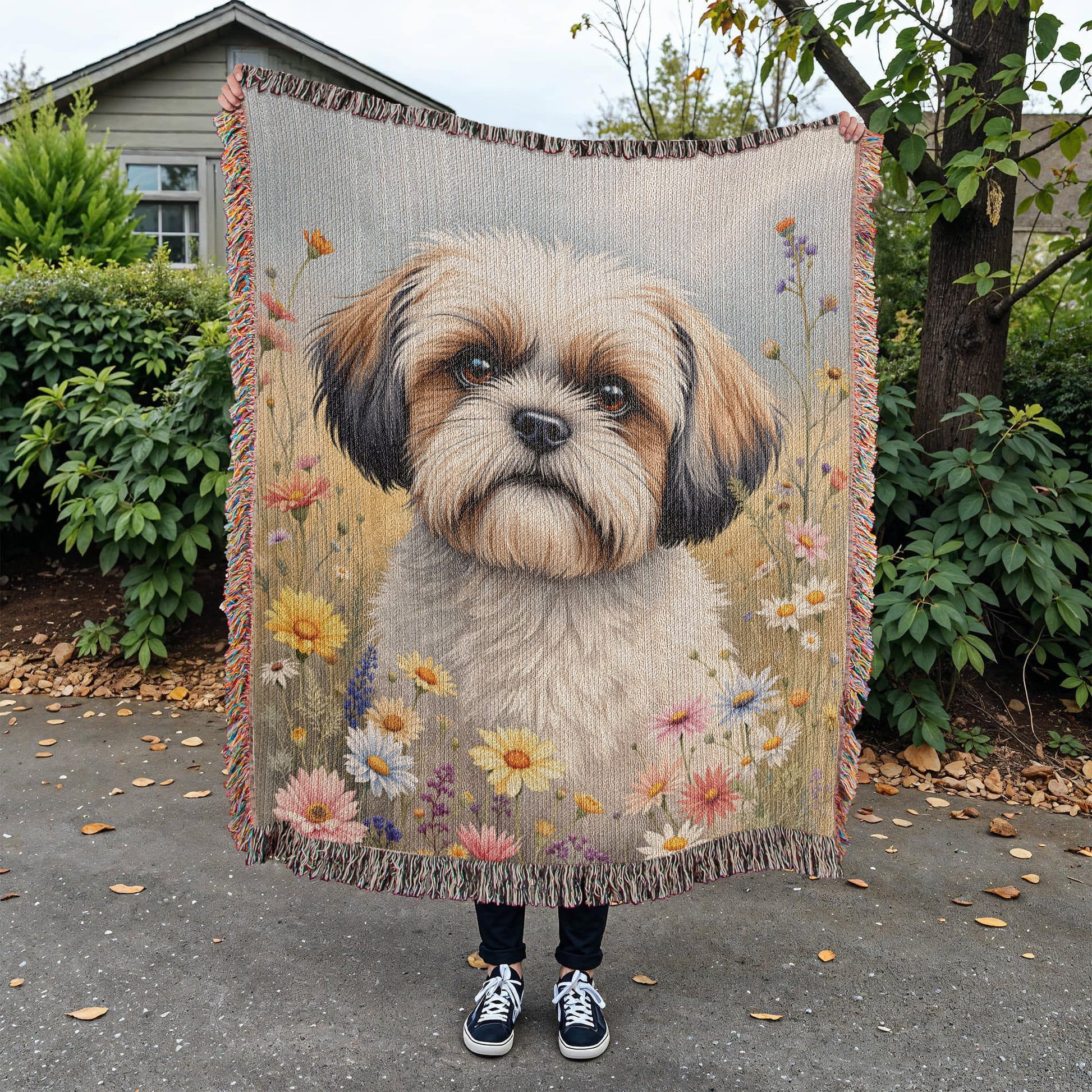 Shih Tzu Wildflower Woven Cotton Throw Blanket-[Heartfelt Family Gift]