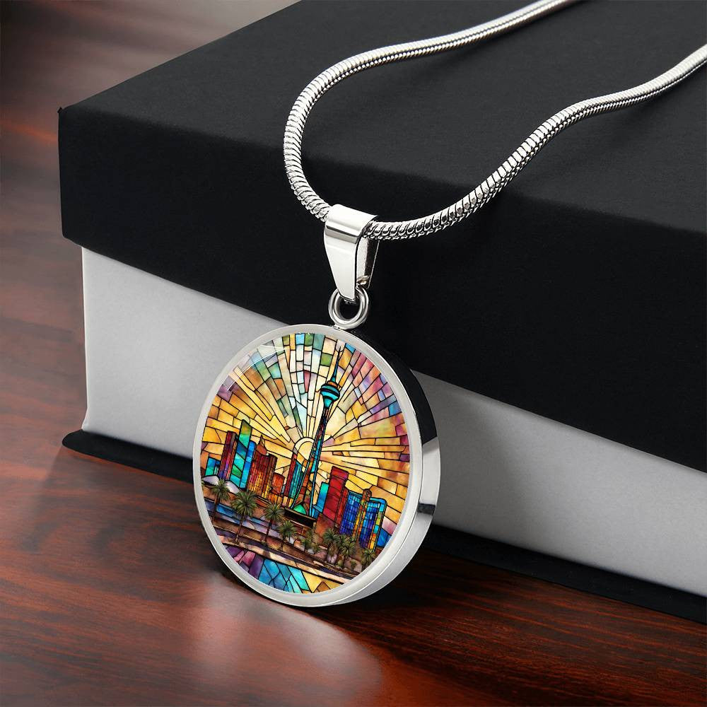 Las Vegas Skylight Stained Glass Look Round Pendant Necklace in Gold or silver-[Heartfelt Family Gift]