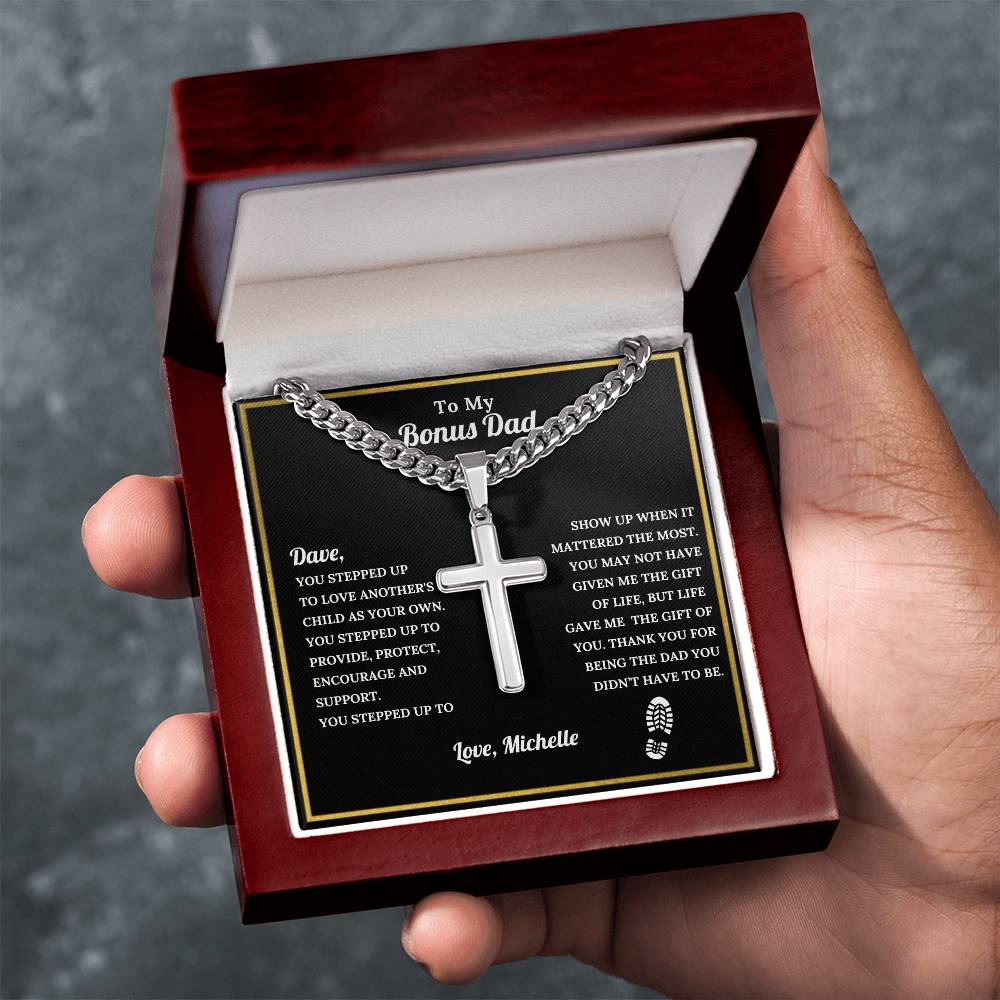 Personalized Bonus Dad Engraved Cross Necklace
