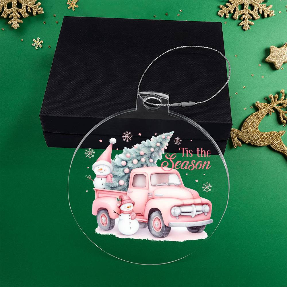 Pink Xmas Tree Pickup Truck Tis the Season Acrylic Christmas Ornament-[Heartfelt Family Gift]