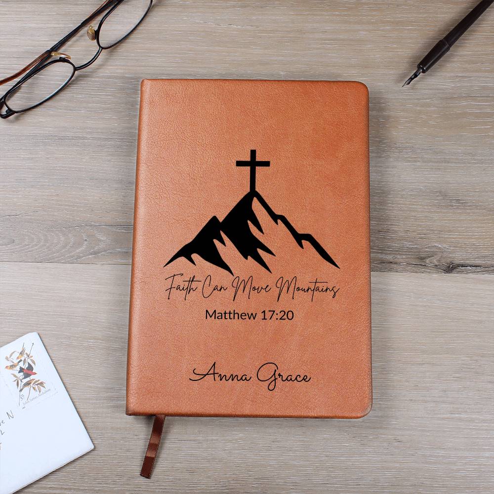 Personalized Bible Verse Journal, Faith Can Move Mountains Matthew 17:20, Christian Gift for Women, Custom Name Scripture Keepsake