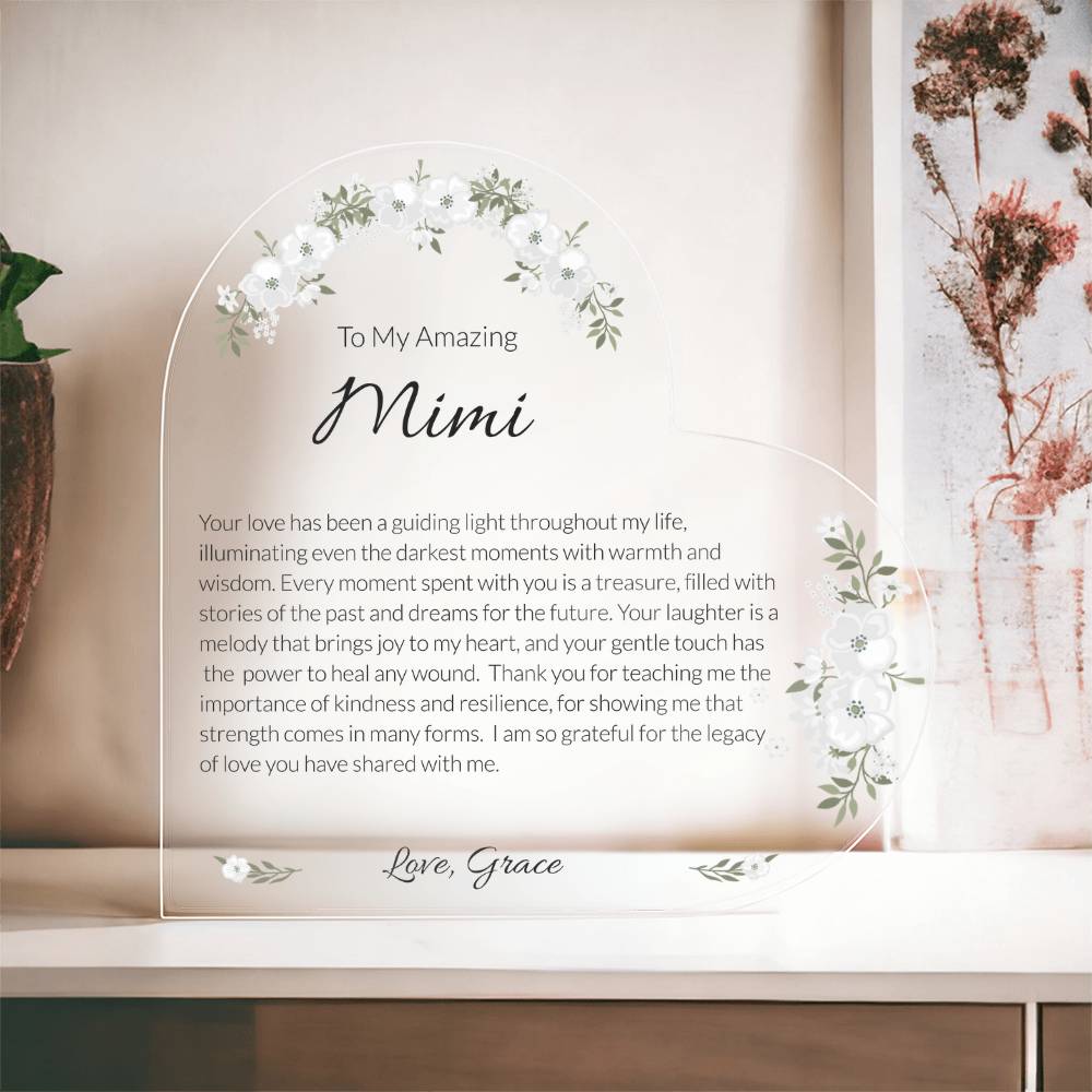 Mimi Acrylic Heart Plaque, Grandma Gift, Personalized Grandma Keepsake, Heartfelt Grandmother Tribute, Mother's Day Gift for Mimi