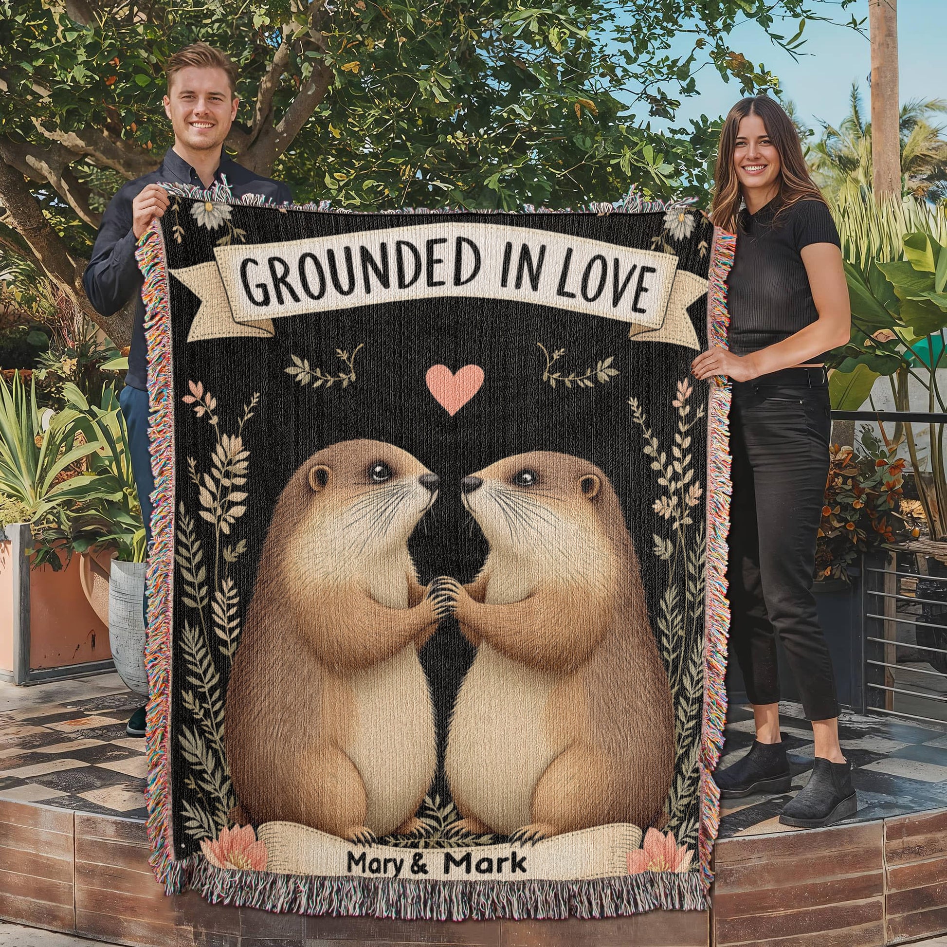 Groundhog Couple Woven Cotton Throw Blanket-[Heartfelt Family Gift]