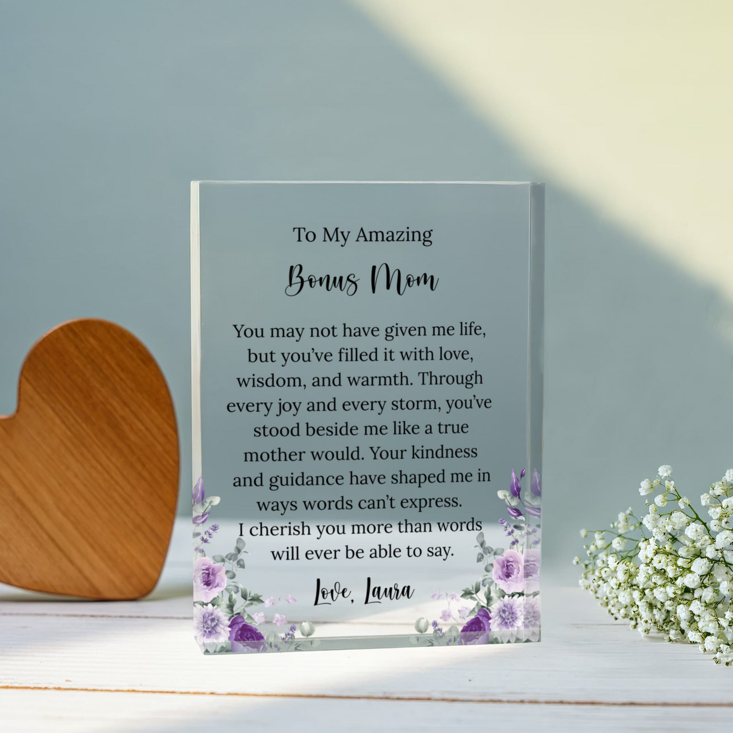 Bonus Mom Floral Acrylic Plaque, Gift for Stepmom, Personalized Keepsake for Bonus Mom, Mother's Day Gift, Custom Floral Plaque