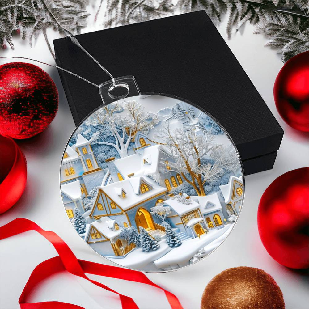 Blue Snow Covered Village Acrylic Christmas Ornament-[Heartfelt Family Gift]