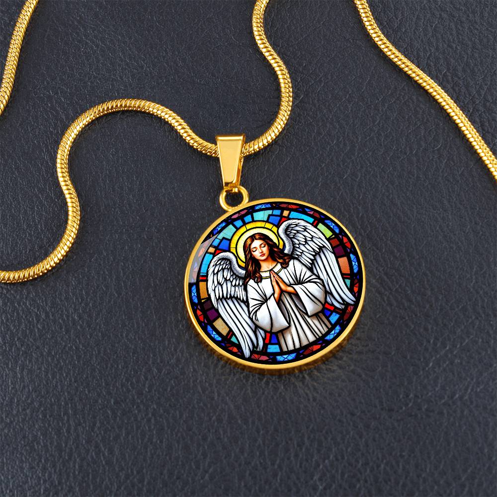 Guardian Angel Faux Stain Glass Pendant Necklace
