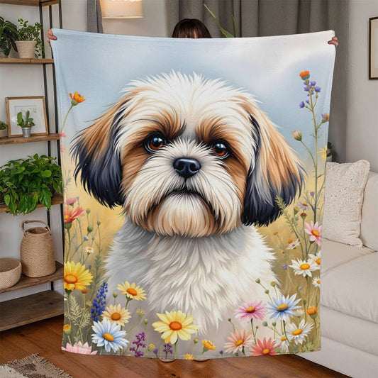Shih Tzu Dog Wildflower Floral Dog Woven Blanket-[Heartfelt Family Gift]