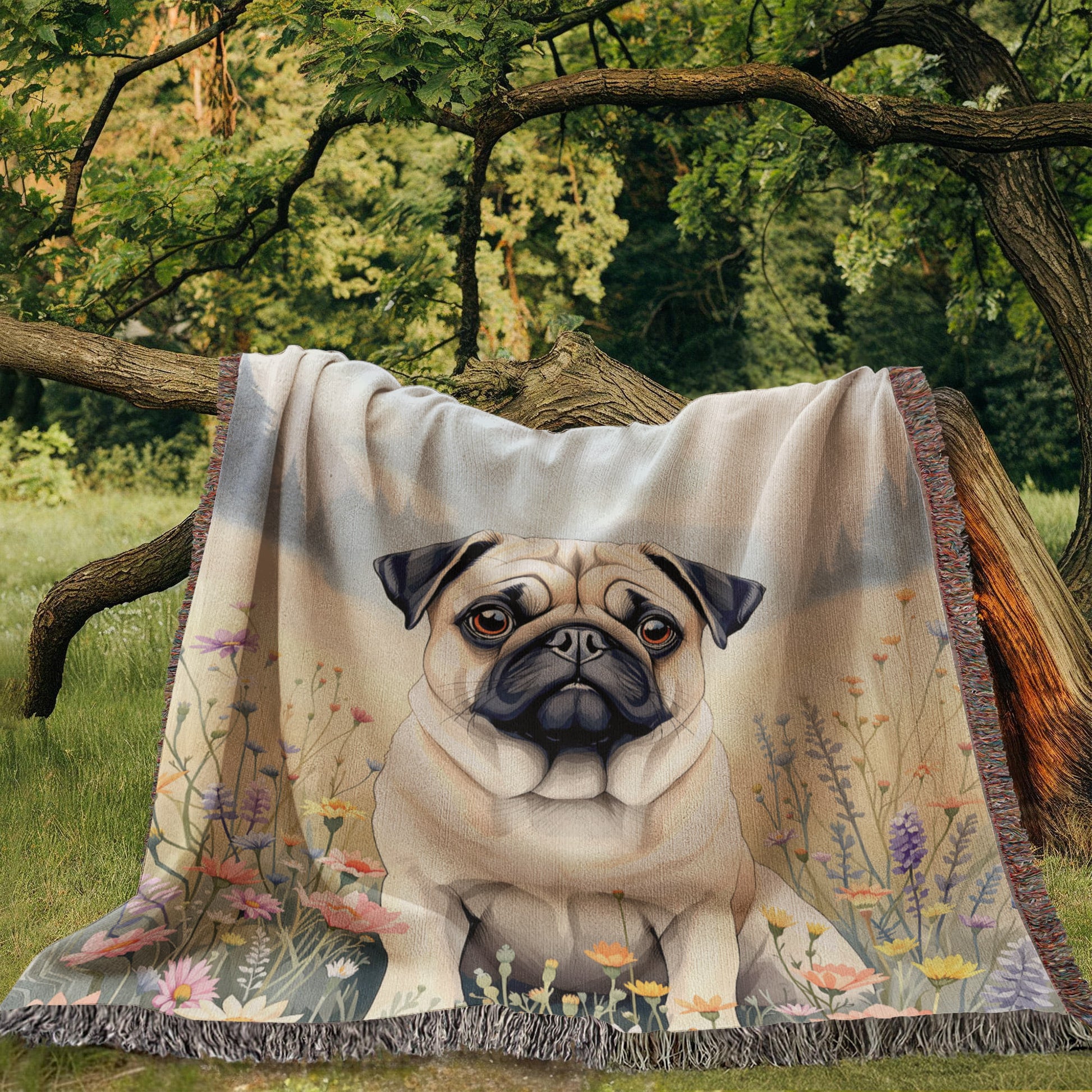 Pug Wildflower Woven Cotton throw Blanket-[Heartfelt Family Gift]