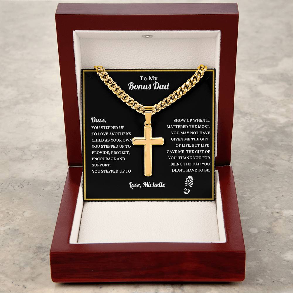 Personalized Bonus Dad Engraved Cross Necklace