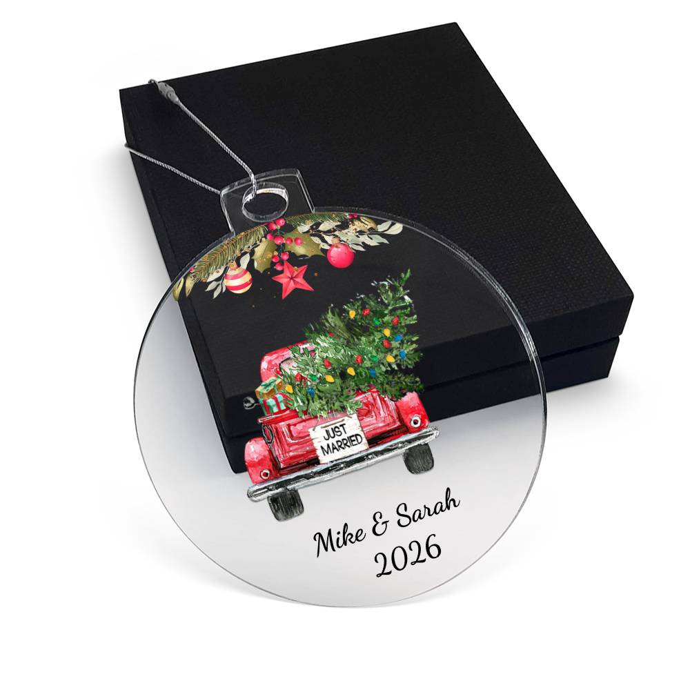 First Christmas Married Ornament, Personalized Acrylic Heart, Vintage Truck Keepsake, Newlywed Holiday Gift, Custom Wedding Ornament