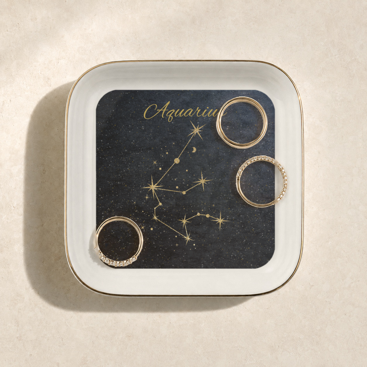 Aquarius Jewelry Dish, Zodiac Constellation Ring Holder, Astrology Trinket Tray, Celestial Gold Star Catchall,